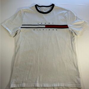 Tommy Hilfiger White Short Sleeve Logo Stripe Tee with Navy & Red Accents